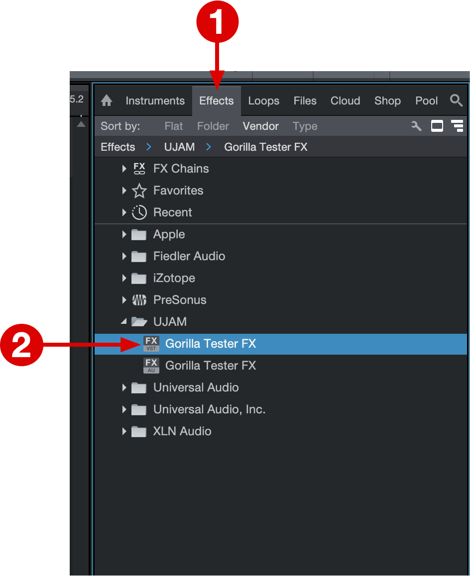 "Gorilla Tester FX listed under Effects in Studio One"