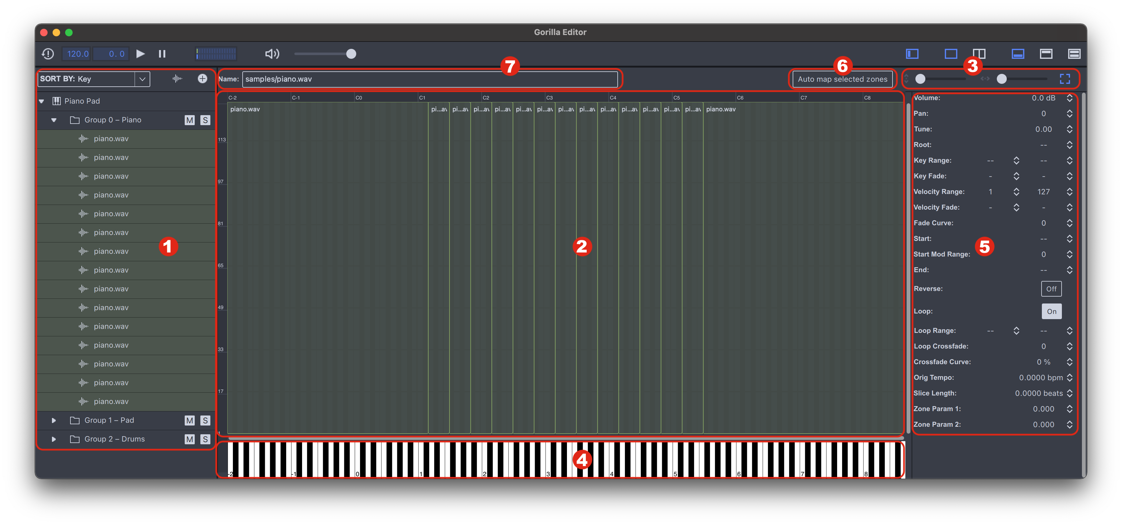 Sample zones and related parameters can be edited in the Mapping Editor Mapping_Editor-Callouts